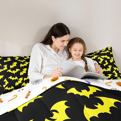 Erosebridal Yellow Bat Twin Bedding Sets Halloween Bat Comforter Set Spooky Goth Gothic Animal Quilt Duvet Set Horror Halloween Bedding Collections for Kids Teens Adults