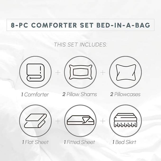 Elegant Comfort 8-Piece Pinch Pleated Comforter Set - All Season Complete Bed in a Bag, Includes 4pc Smart Sheet Set, Bed Skirt, Comforter, Matching Pillowcases and Shams, Full/Queen, Light Gray