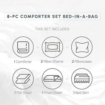 Elegant Comfort 8-Piece Pinch Pleated Comforter Set - All Season Complete Bed in a Bag, Includes 4pc Smart Sheet Set, Bed Skirt, Comforter, Matching Pillowcases and Shams, Full/Queen, Light Gray