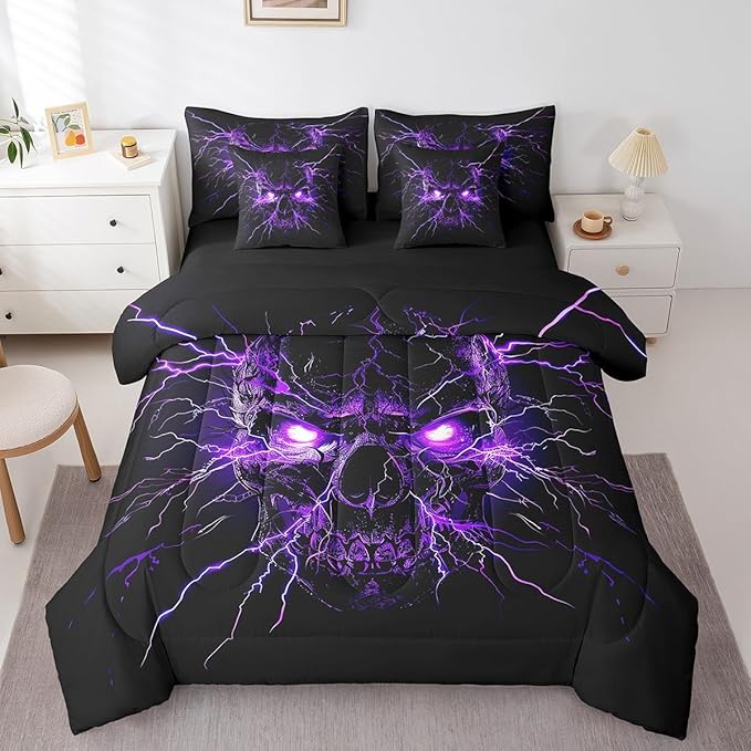 Erosebridal Gothic Bed in a Bag Queen Comforter Set 7 Piece,Sugar Skull Spooky Bone Goth Bedding Set,Purple Lightning Comforter and Sheet Set,Exotic Halloween Skeleton Decorations