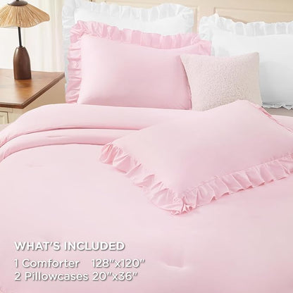 Andency Super King Plus Ruffle Comforter Set, 3 Pieces Cute Farmhouse Shabby Chic Bedding Set, Soft Lightweight Ruffled Oversized California King Comforter 128x120 (1 Comforter 2 Pillowcases), Pink