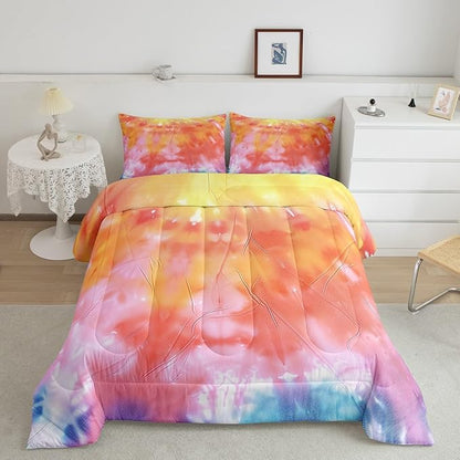 Boho Comforter Set Spiral Tye Dye Pattern 3pc Down Comforter King Size Rainbow Bedding Sets with 2 Pillowcases Soft Comfortable Machine Washable,Trippy Psychedelic Gypsy Duvet Quilt Set for Teen Girl