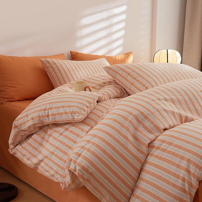 HighBuy King Comforter Set Gingham Geometric Pattern Bedding Set King Orange Striped Plaid Comforter Set Patchwork Design for Women Men All Season Comfortable Bedding Sets Queen Lightweight
