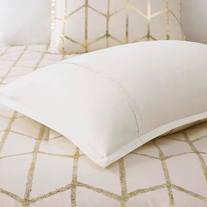 Intelligent Design Raina Twin / Twin XL Comforter Set, Soft Microfiber Comforter Set Twin, Modern Geometric Metallic Bed Set, 4 Pieces College Bedding Comforter Set with 1 Sham, 2 Toss Pillows Ivory