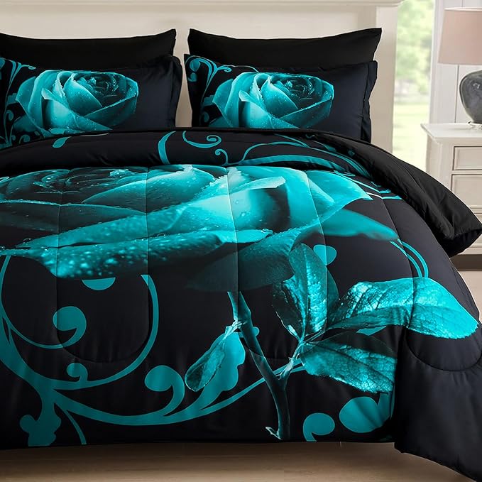 WONGS BEDDING Teal Green Comforter Set Queen, Reversible Rose 7 Pieces Bed in a Bag, Lightweight Soft Microfiber Bedding Sets with Flat Sheet, Fitted Sheet, Pillowcases & Shams