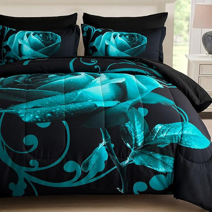 WONGS BEDDING Teal Green Comforter Set Queen, Reversible Rose 7 Pieces Bed in a Bag, Lightweight Soft Microfiber Bedding Sets with Flat Sheet, Fitted Sheet, Pillowcases & Shams