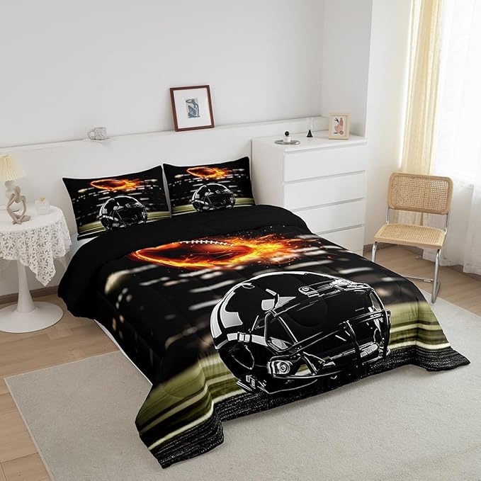 Feelyou Rugby Comforter Set Toddler Size Rugby Sports Comforter Gift for Football Lover Bedding Set Soccer Ball Game Duvet Set Black Yelllow Quilt Set