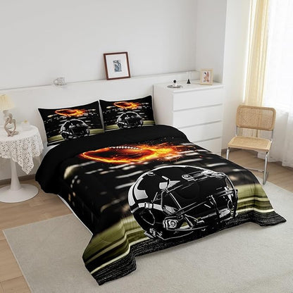 Feelyou Rugby Comforter Set Toddler Size Rugby Sports Comforter Gift for Football Lover Bedding Set Soccer Ball Game Duvet Set Black Yelllow Quilt Set