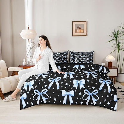 Erosebridal Kids Girls Bowknot Bow Black Blue Y2K King 7-Piece Comforter Set | Kawaii Cute Sheets and Pillowcases Starry Dreamy Bed in A Bag Princess Bed Sets