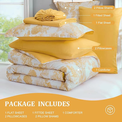DJY King Size Comforter Sets, Yellow Botanical Comforters with Sheets 7 Pieces Bed in a Bag King Elegant Plants Print Soft Microfiber Reversible Complete Bedding Sets for All Season