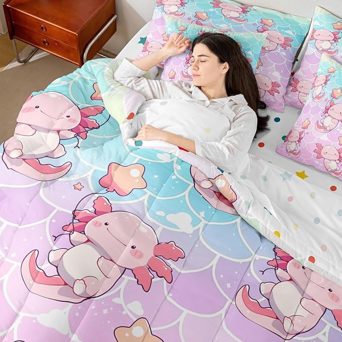 Feelyou Twin Size Cute Pink Axolotl Bed in a Bag Boys Girls Cartoon Salamander Comforter Set with Sheets for Kids Ultra Soft Fish Scales 7 Piece Bedding Set Rainbow Room Decor Breathable Soft