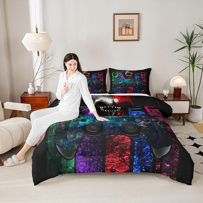 Gamer Bedding Sets for Boys, Gaming Down Comforter Queen Size, Gamer Room Decor Bedding Kids Video Games Comforter Set, Sugar Skull Gamepad Duvet Sets for Men Bedroom,with 2 Marble Pillow Sham