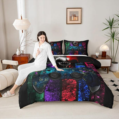 Gamer Bedding Sets for Boys, Gaming Down Comforter Queen Size, Gamer Room Decor Bedding Kids Video Games Comforter Set, Sugar Skull Gamepad Duvet Sets for Men Bedroom,with 2 Marble Pillow Sham