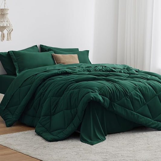 Love's cabin Twin Comforter Set Dark Green, 5 Pieces Twin Bed in a Bag, All Season Bedding Sets with 1 Comforter, 1 Flat Sheet, 1 Fitted Sheet, 1 Pillowcase and 1 Pillow Sham