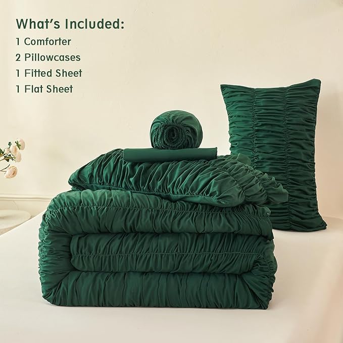 PERFEMET Full Size Comforter Set Emerald Green 5 Pieces Solid Fluffy Ruched Bedding with Sheet Set Luxury Soft Pleated Texture Bed in a Bag All Season Boho Farmhouse Ruffle Bed Sets, 79"x90"