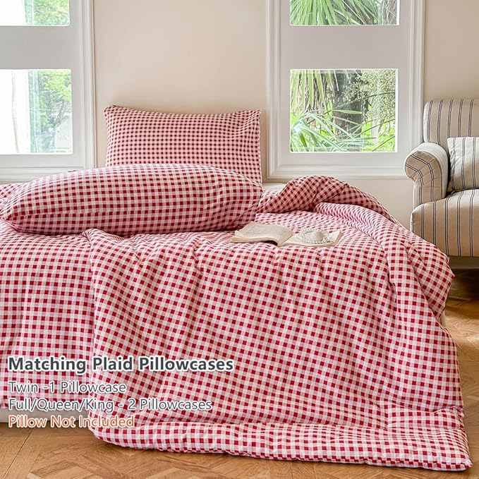 NSNLGSGC Red Gingham Cotton Comforter Set King, 100% Washed Cotton Red Plaid Checked Comforter Bedding, 3 Pieces Vintage Farmhouse Grid Bedding Set(Red Gingham, King)