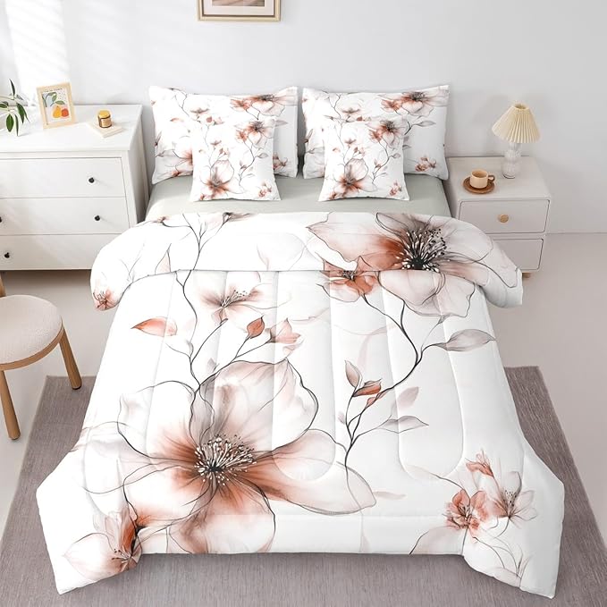 Erosebridal Light Brown Flower King 7 Pcs Bedding Set, Boho Floral Comforter Set with Sheets, Watercolor Flower Chic Bed Sets for Women Adults Girls, Ink Painting Style Blossom & Leaf Bed in A Bag