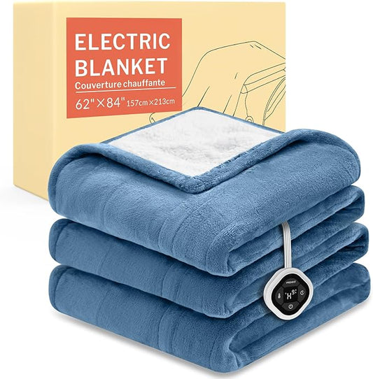 HOMLYNS LuxeHeat Heated Blanket Electric Blanket Twin Size, Soft Flannel Sherpa Heating Blanket with 10 Heat Settings, 1-10 hrs Timer Auto Shut Off (62x84 inches, Blue)