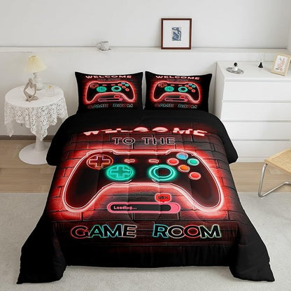 jejeloiu Red Gamer Gaming Bedding Set King Size for Boys Game Console Comforter Set Kids Teens Neon Light Duvet Set Cool Game Room Decor Quilt Set 3Pcs