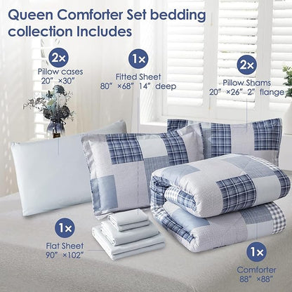 Comforter Set Queen Size Plaid Patchwork Comforter Bedding-7 Piece Bed in a Bag,Soft Fluffy Reversible Microfiber Bedding Set(1 Comforter,1 Flat Sheet,1 Fitted Sheet,2 Pillowcases,2 Pillow Shams),Blue