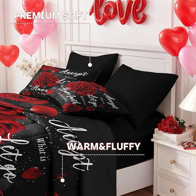 Nesker 7 Pcs Valentine's Day Comforter Set Queen Size, Romantic Red Rose Bedding Set for Kids and Adults, Happy Sweet Love Sheets Bed Sheet Sets with Fitted Sheet 2 Pillowcases & 2 Shams