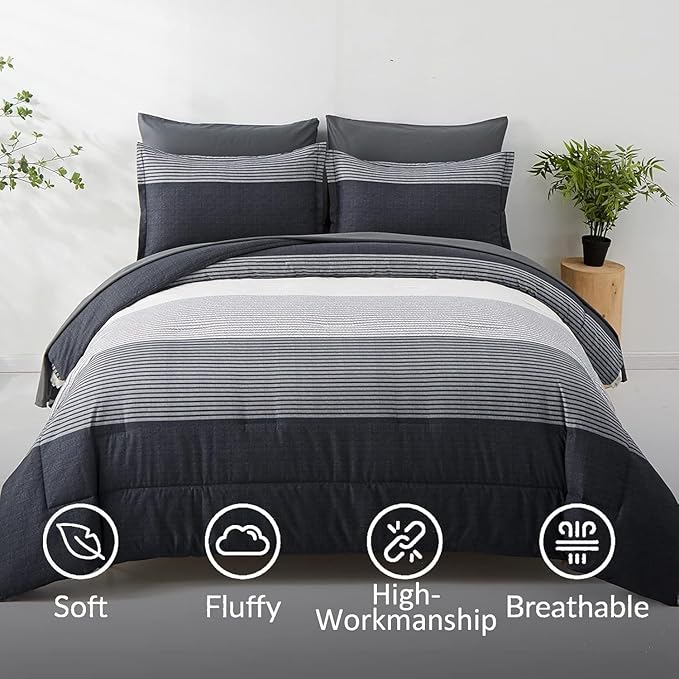 Anibedding 7 Pieces Bed in a Bag Black Grey Comforter Full Size, Lightweight Striped Microfiber Bedding Set for Bedroom (1 Comforter, 2 Pillowcase, 2 Pillow Shams,1 Flat Sheet, 1 Fitted Sheet)