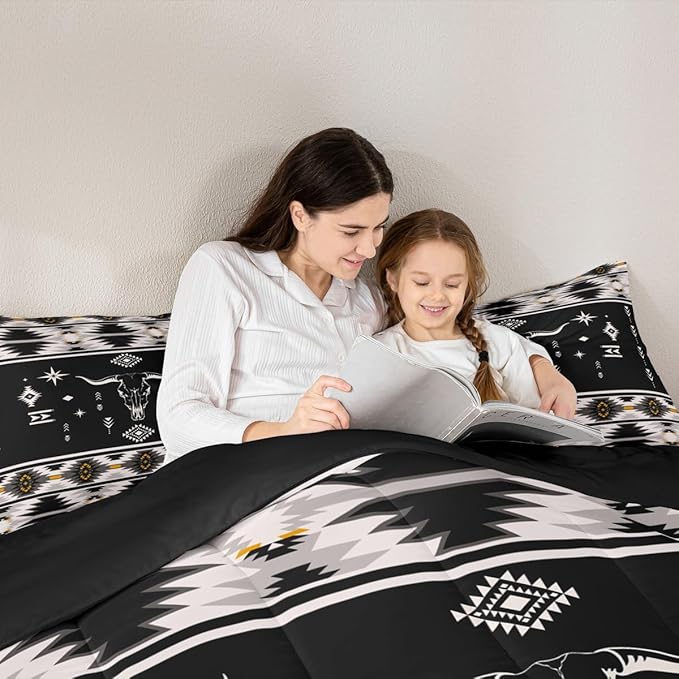 Erosebridal Western Bull Skull Comforter Set Boho Southwestern Aztec Bedding Set Toddler Size for Boys Teens Men, Ethnic American Native Quilt Farmhouse Rustic Tribal Duvet Insert 2 Piece, Black Grey