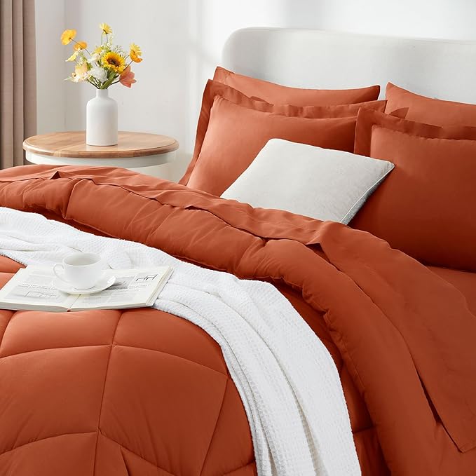 CozyLux King Size Comforter Set Burnt Orange - 7 Pieces Bed in a Bag King, Luxury Soft Bed Set for All Seasons, Bedding Set with Down Alternative Comforter, Sheets, Pillowcases & Shams, Terracotta