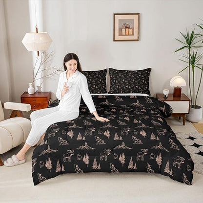 Erosebridal Woodland Animals Comforter Set Full Size Bear Deer Wolf Hunting Theme Bedding Set for Kids Child | Rustic Cabin Lodge Decor Duvet Insert Farmhouse Wildlife Mountain Black Brown Quilt
