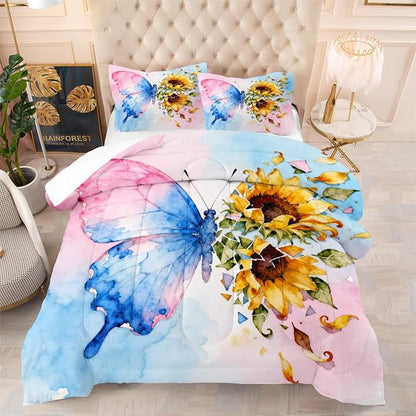 Butterfly Comforter Set Queen 3 Pieces Blue Pink Green Tie Dye Bedding Set for Kids Teens Butterflies Floral Sunflower Comforter with 2 Pillowcases, Super Soft Microfiber All Season