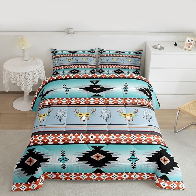 Erosebridal Western Comforter Set Queen, Exotic Bull Skull Bedding Sets Southwestern Quilt, Dream Catchers Feather Duvet Insert, Western Animals Boho Aztec Decor Teal
