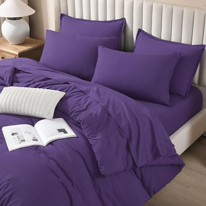 Litanika Comforter California King Size Set Purple - 7 Pieces Bed in a Bag California King Bedding Comforter Sets, Plain Lightweight Bed Set with Comforter, Sheets, Pillowcases & Shams