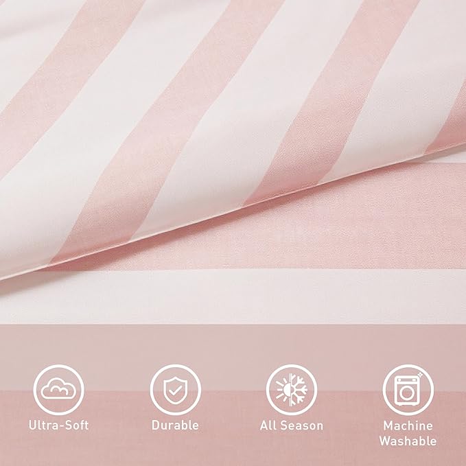 Reversible Striped King Comforter Set, Soft Microfiber Bedding Set with Double-Sided Stripes Design, Warm & Cozy for All-Seasons, 3-Piece Comforter and Shams Set King Size, Blush