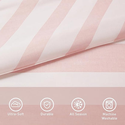 Reversible Striped King Comforter Set, Soft Microfiber Bedding Set with Double-Sided Stripes Design, Warm & Cozy for All-Seasons, 3-Piece Comforter and Shams Set King Size, Blush