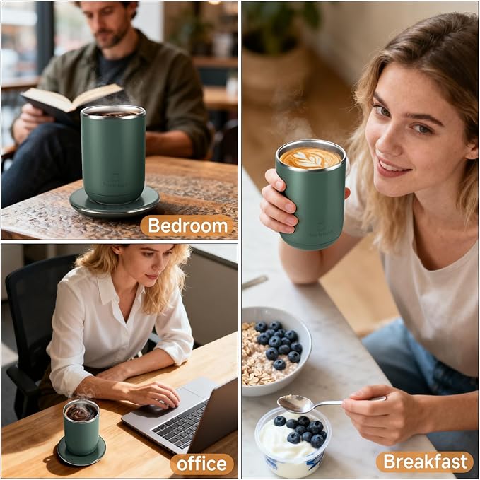 Self Stirring Heated Coffee Mug 11oz, Electric Temperature Control Mug with Auto Shut-Off, Stainless Steel Smart Coffee Cup Warmer with Detachable Heating Base for Study, Campus & Daily Use (Green)