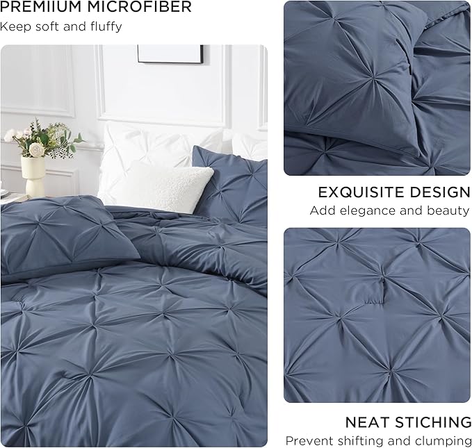 Andency Dark Blue Grey King Size Comforter Set (104x90Inch), 3 Pieces Soft Lightweight Western Modern Pinch Pleat Bedding Comforters, All Season Warm Down Alternative Bed Set for Boys Men Adults
