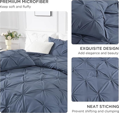 Andency Dark Blue Grey Pinch Pleat Comforter Full(79x90Inch), 3 Pieces(1 Down Alternative Comforter and 2 Pillowcases) Dark Blue Grey Bed Set Microfiber Pintuck Bedding Set