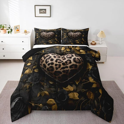 Erosebridal Leopard Love Heart Full Size Comforter Sets for Kids Boys Girls,Botanical Leaves Bedding Set,Black Roses Duvet Insert,Farmhouse Rustic Quilt Bedroom Decor
