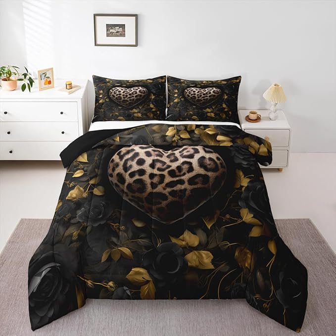 Erosebridal Leopard Love Heart Comforter for Kids Boys Girls,Botanical Leaves Toddler Bedding Set,Black Roses Duvet Insert,Farmhouse Rustic Quilt Bedroom Decor