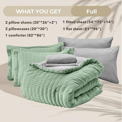 HYMOKEGE Sage Green/Light Grey Full Size Comforter Sets Seersucker 7 Pieces, All Season Luxury Bed in a Bag for Bedroom, Bedding Set with Comforter, Sheets, Pillowcases & Shams