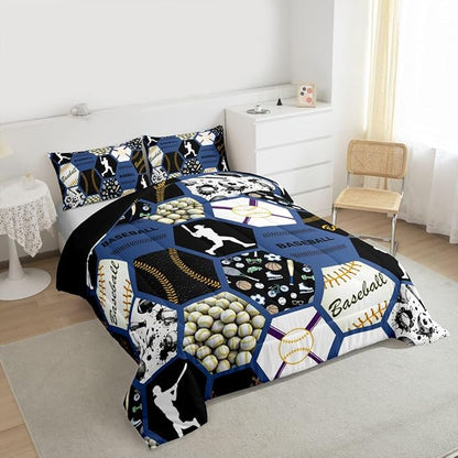 Erosebridal Baseball Bed Set for Boys,Baseball Player Comforter for Kids,Geometric Honeycomb Bedding Set Twin Size,Sports Ball Game Patchwork Quilt Set with 1 Pillowcase Lightweight