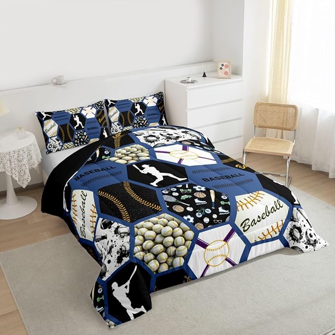 Erosebridal Baseball Queen Bedding for Boys Queen,Sports Themed Comforter for Teens Adult,Geometric Honeycomb Plaid Bedding Comforter Sets,Ball Game Quilt Set with 2 Pillowshams All Season,Blue