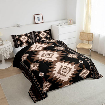 Feelyou Brown Black Western Bedding Set King Size Southwestern Aztec Comforter Set Tribal Native American Indian Duvet Quilt