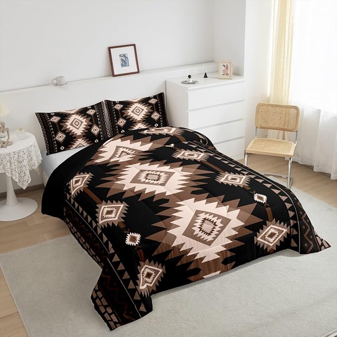 Feelyou Brown Black Western Bedding Set Twin Size Southwestern Aztec Comforter Set Tribal Native American Indian Duvet Quilt