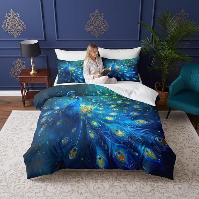 Full Size Peacock Comforter Set,Luxury Blue Bird Bedding Sets,3 Pieces Soft Fluffy Microfiber with 2 Pillowcases/79 * 90