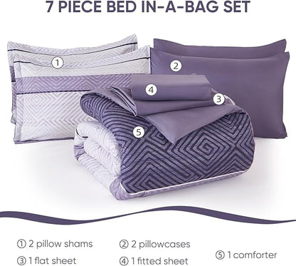 Drucon Purple Comforter Set King Size 7 Piece Bed in a Bag, Boho Striped Bedding Set, Soft Microfiber Comforter and Sheet Set for All Season (King, 104"x90")