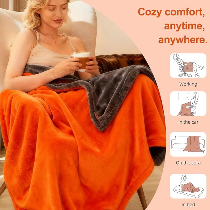 Electric Heated Blanket Throw 50" x 60" Soft Dual-Sided Flannel Fast Heating 12 Heat Levels 1–12H Timer & Overheat Protection & Auto Shut-Off & Machine Washable (Orange)