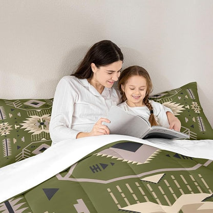 American Tribal Comforter Set Full Size Southwest Cowboy Style Bedding Set 3pcs Retro Green Microfiber Quilt Set for Kids Teens Boys Women Room Decor Geometric Arrow Duvet Insert,2 Pillowcases