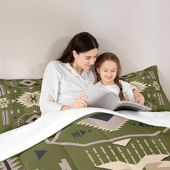 American Tribal Comforter Set Queen Size Southwest Cowboy Style Bedding Set 3pcs Retro Green Microfiber Quilt Set for Kids Teens Boys Women Room Decor Geometric Arrow Duvet Insert,2 Pillowcases