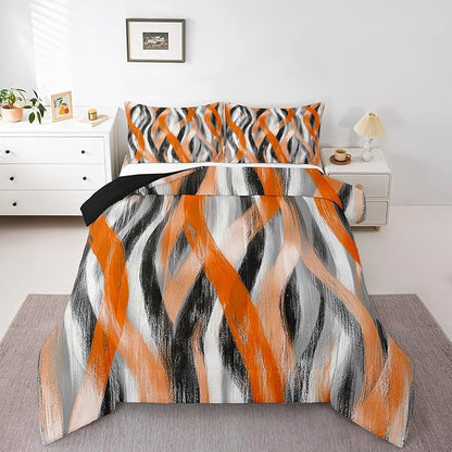 Erosebridal Geometric Stripes Comforter King Modern Abstract Comforter Set Grey Black Orange Bedding Set for Kids Adults Swirl Lines Quilt Duvet Room Decor 3 Pcs